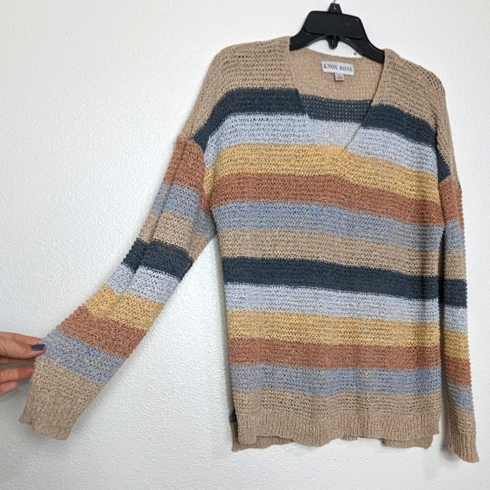 KNOX ROSE Boho Striped V-neck M Sweater Neutral Medium